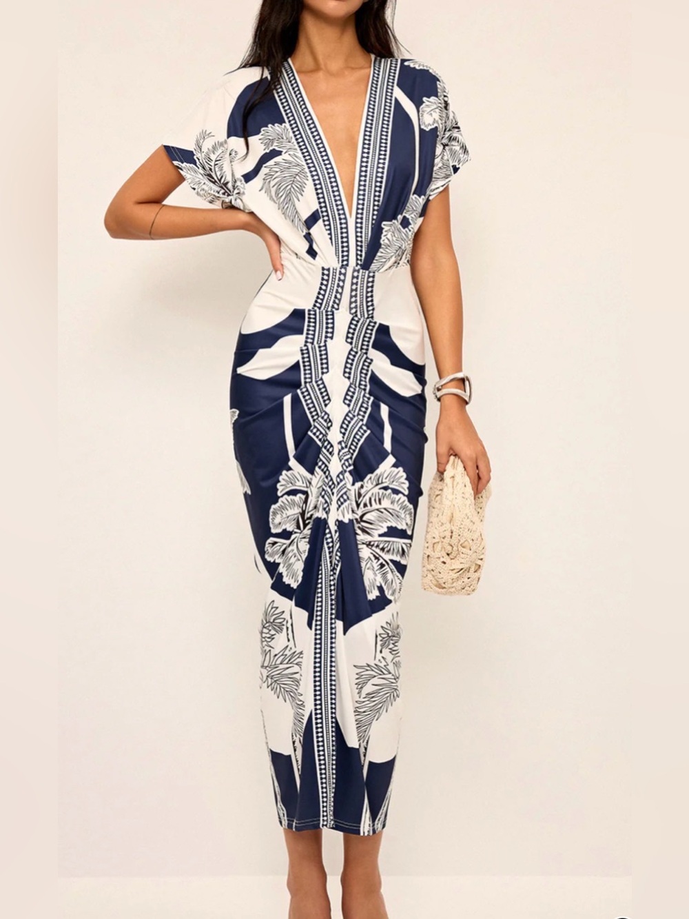Printed Deep V-Neck Midi Dress Without Belt